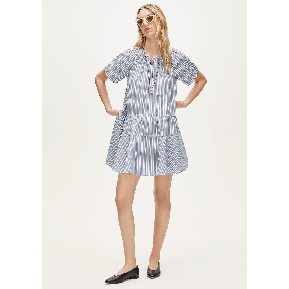 J.Crew | NWT Tiered Popover Dress Striped Cotton Poplin Blue Navy | Sz S